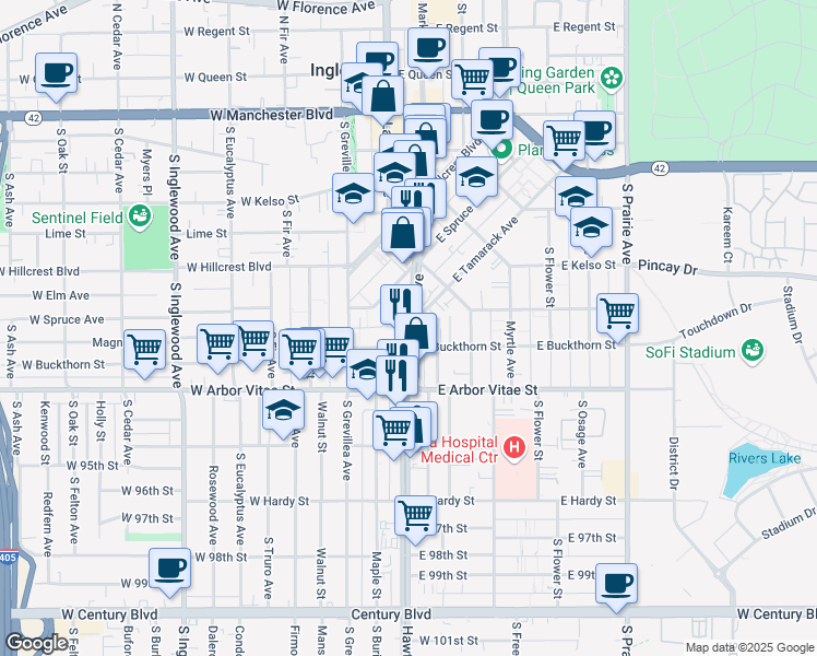 map of restaurants, bars, coffee shops, grocery stores, and more near South La Brea Avenue & East Tamarack Avenue in Inglewood