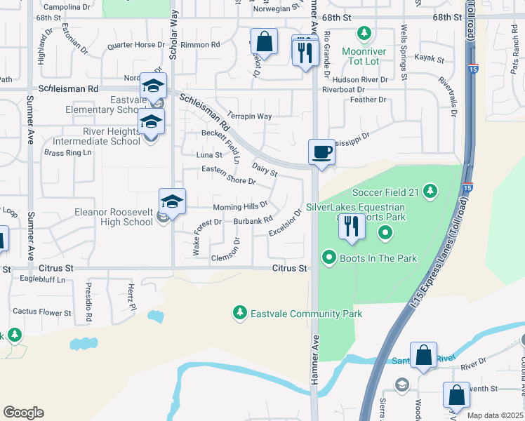 map of restaurants, bars, coffee shops, grocery stores, and more near 7324 Morning Hills Road in Corona