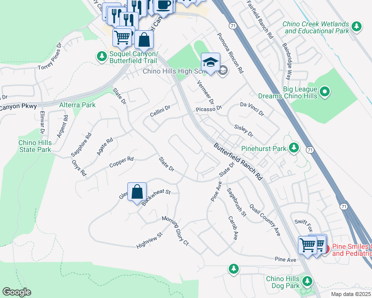 map of restaurants, bars, coffee shops, grocery stores, and more near 16452 Quail Ridge Lane in Chino Hills