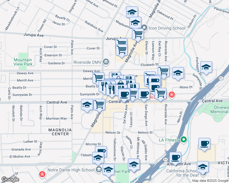 map of restaurants, bars, coffee shops, grocery stores, and more near 3711 Central Avenue in Riverside