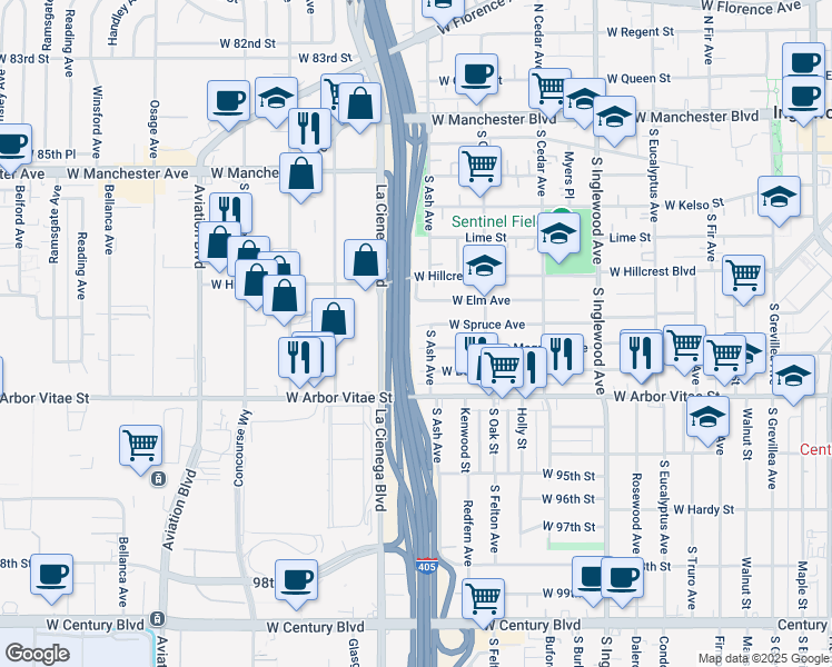 map of restaurants, bars, coffee shops, grocery stores, and more near 710 West Spruce Avenue in Inglewood