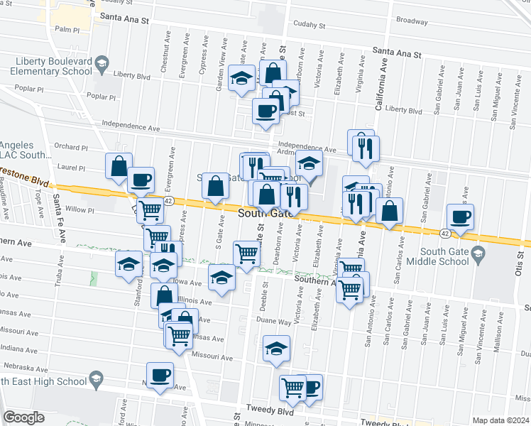 map of restaurants, bars, coffee shops, grocery stores, and more near 8415 Seville Avenue in South Gate