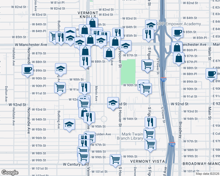 map of restaurants, bars, coffee shops, grocery stores, and more near 9101 Orchard Avenue in Los Angeles