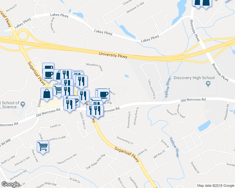 map of restaurants, bars, coffee shops, grocery stores, and more near 1595 Old Norcross Road in Lawrenceville