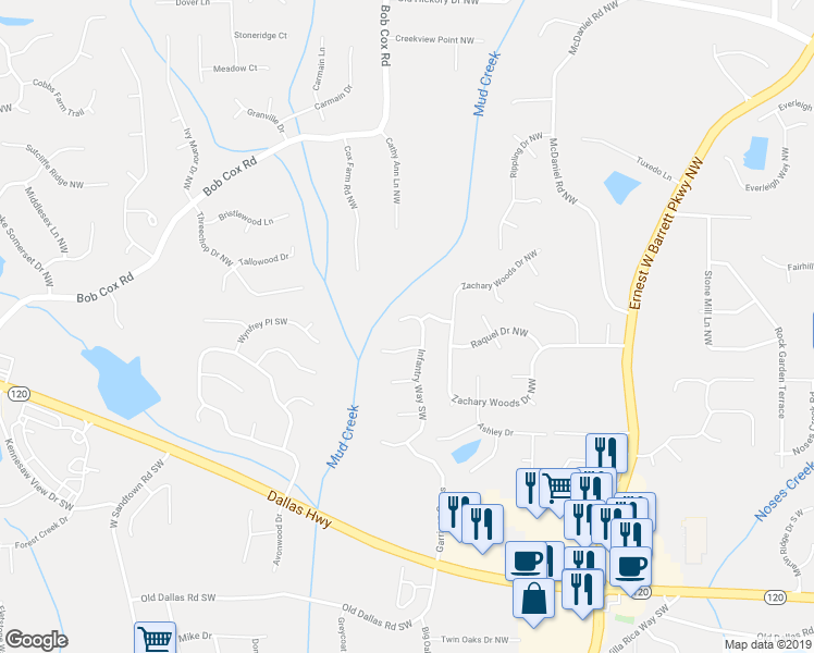 map of restaurants, bars, coffee shops, grocery stores, and more near 129 Infantry Way Southwest in Marietta