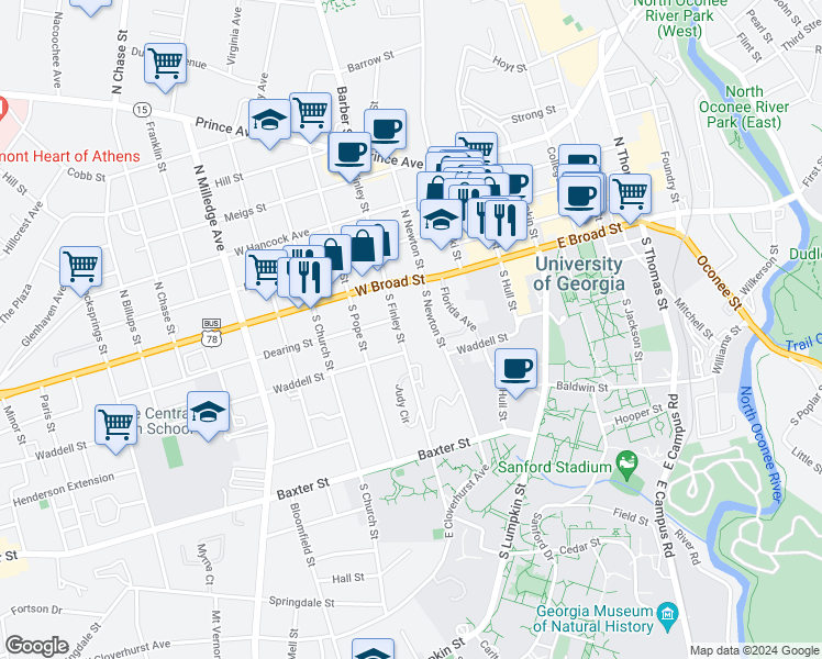 map of restaurants, bars, coffee shops, grocery stores, and more near 291 South Finley Street in Athens