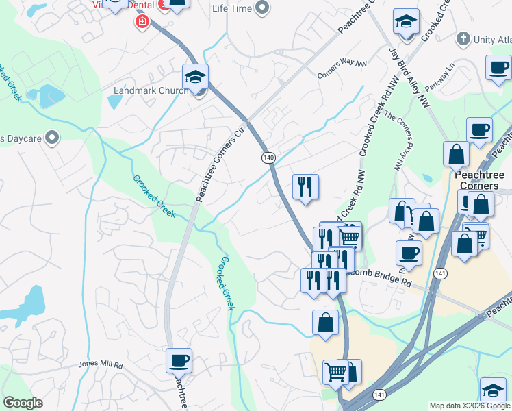 map of restaurants, bars, coffee shops, grocery stores, and more near 6328 Views Trace in Norcross