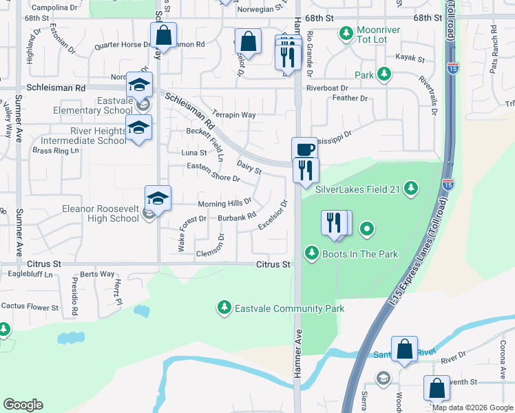map of restaurants, bars, coffee shops, grocery stores, and more near 7284 Morning Hills Road in Corona