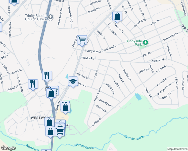 map of restaurants, bars, coffee shops, grocery stores, and more near 2305 Cypress Street in Cayce