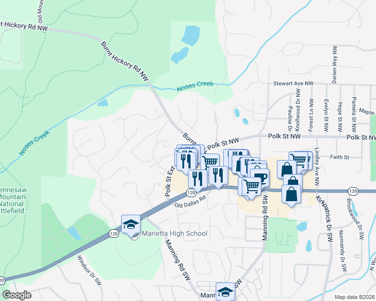 map of restaurants, bars, coffee shops, grocery stores, and more near 908 Burnt Hickory Circle Northwest in Marietta