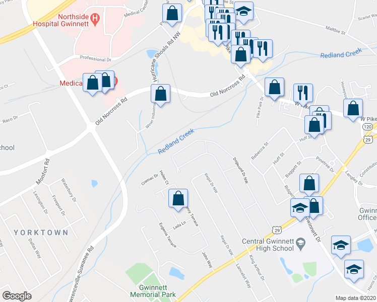 map of restaurants, bars, coffee shops, grocery stores, and more near 698 Dogwood Drive Northwest in Lawrenceville