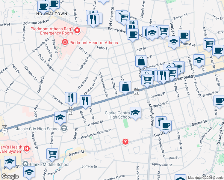 map of restaurants, bars, coffee shops, grocery stores, and more near 254 North Billups Street in Athens