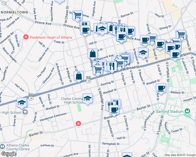map of restaurants, bars, coffee shops, grocery stores, and more near 126 North Milledge Avenue in Athens