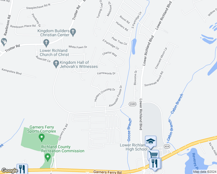 map of restaurants, bars, coffee shops, grocery stores, and more near 451 Hunters Crossing Drive in Hopkins