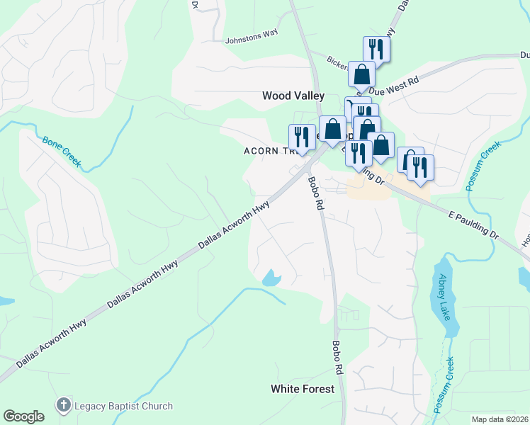 map of restaurants, bars, coffee shops, grocery stores, and more near 15 Acorn Tree Drive in Dallas