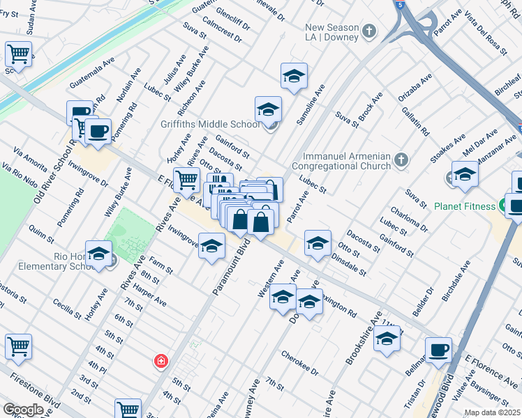 map of restaurants, bars, coffee shops, grocery stores, and more near 9903 Paramount Boulevard in Downey