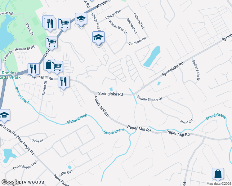 map of restaurants, bars, coffee shops, grocery stores, and more near 343 Clearsprings Drive in Lawrenceville