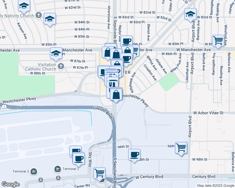 map of restaurants, bars, coffee shops, grocery stores, and more near 8946 South Sepulveda Boulevard in Los Angeles
