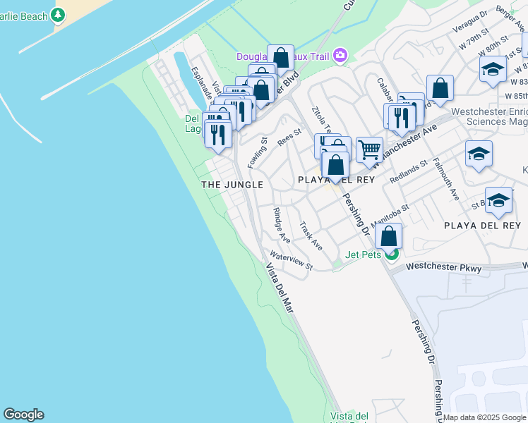 map of restaurants, bars, coffee shops, grocery stores, and more near 7306 Vista Del Mar Lane in Los Angeles