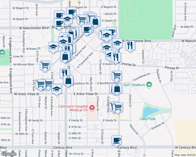 map of restaurants, bars, coffee shops, grocery stores, and more near 713 South Flower Street in Inglewood