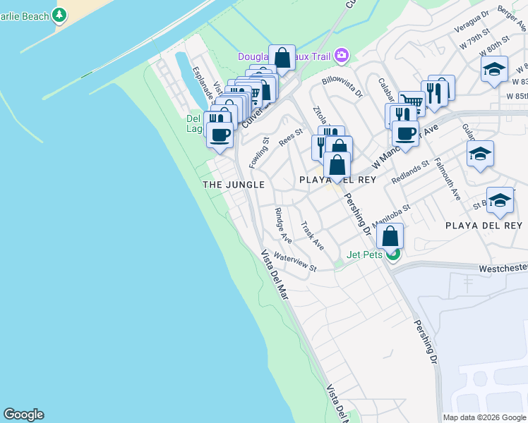 map of restaurants, bars, coffee shops, grocery stores, and more near 7306 Vista Del Mar Lane in Los Angeles
