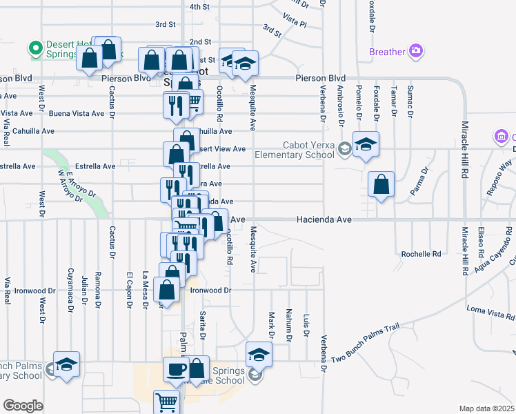 map of restaurants, bars, coffee shops, grocery stores, and more near 66765 Granada Avenue in Desert Hot Springs