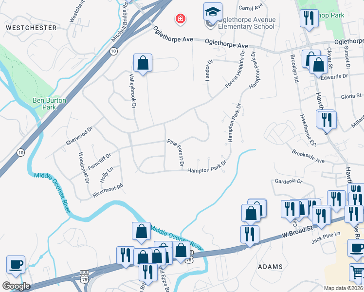 map of restaurants, bars, coffee shops, grocery stores, and more near 125 Stoneland Drive in Athens