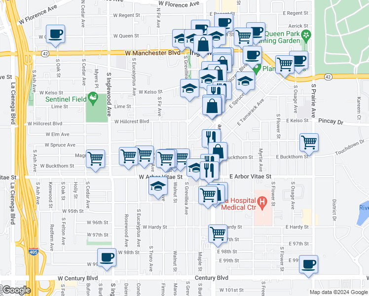 map of restaurants, bars, coffee shops, grocery stores, and more near 721 South Grevillea Avenue in Inglewood