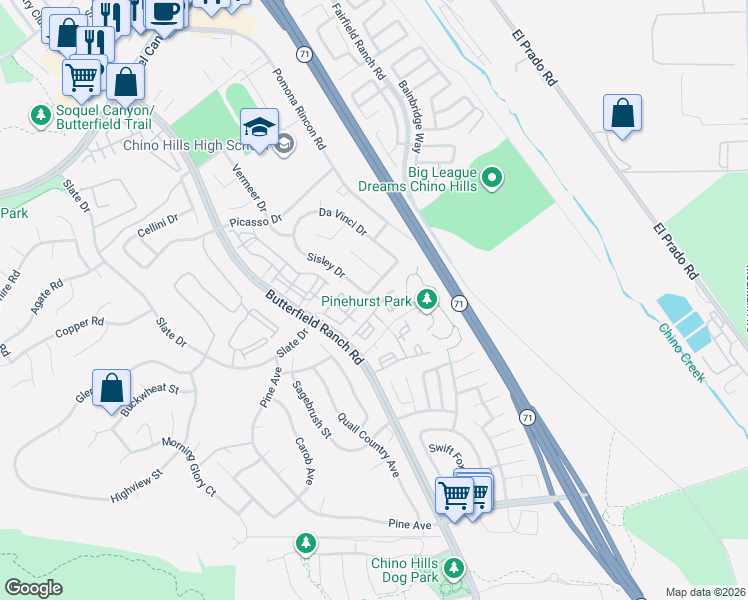 map of restaurants, bars, coffee shops, grocery stores, and more near 5545 Veronese Drive in Chino Hills