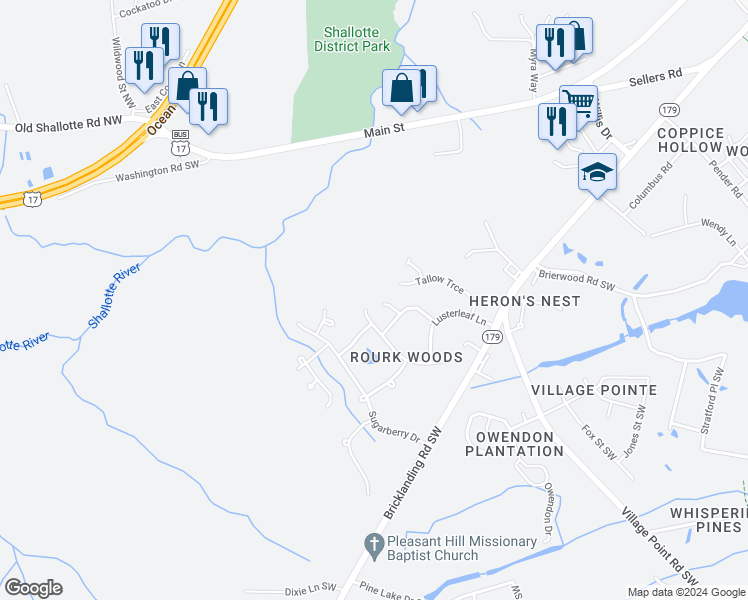 map of restaurants, bars, coffee shops, grocery stores, and more near 4860-4898 Tallow Trace in Shallotte