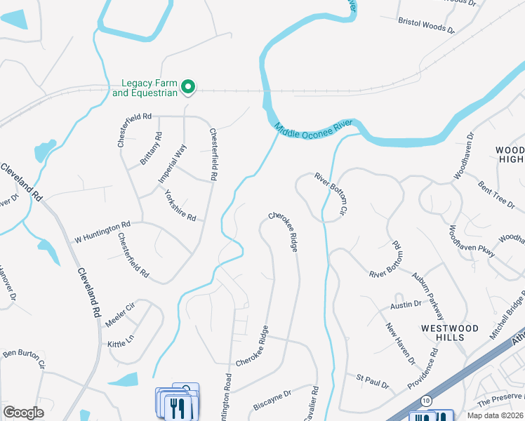 map of restaurants, bars, coffee shops, grocery stores, and more near 390 Cherokee Ridge in Athens