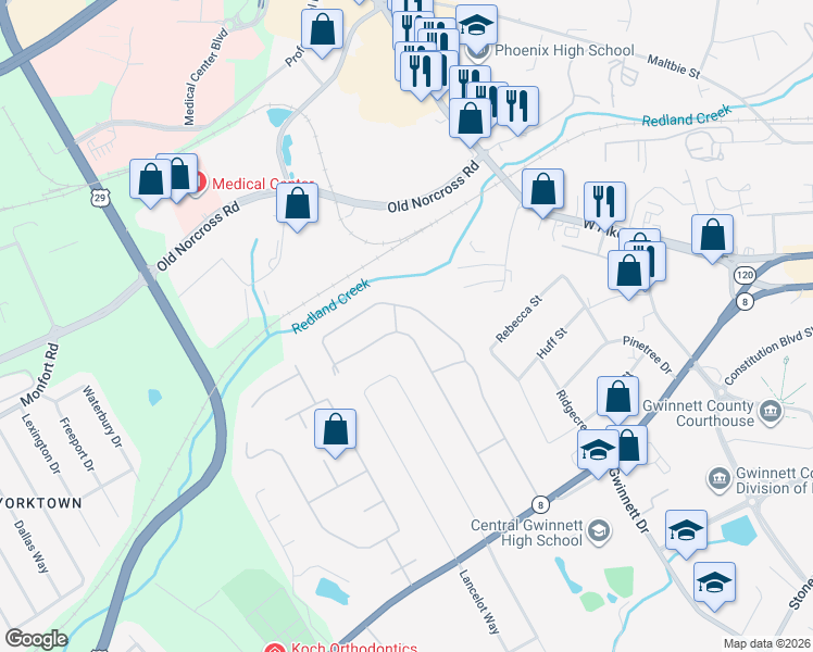map of restaurants, bars, coffee shops, grocery stores, and more near 659 Dogwood Drive Northwest in Lawrenceville