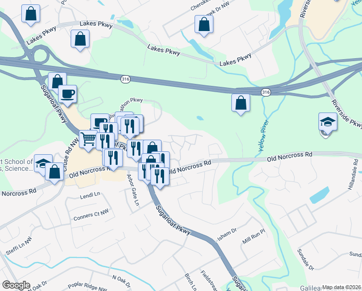 map of restaurants, bars, coffee shops, grocery stores, and more near 531 Trace Lane in Lawrenceville