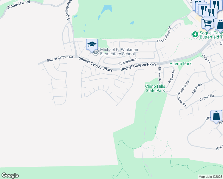 map of restaurants, bars, coffee shops, grocery stores, and more near 16458 Denhaven Court in Chino Hills