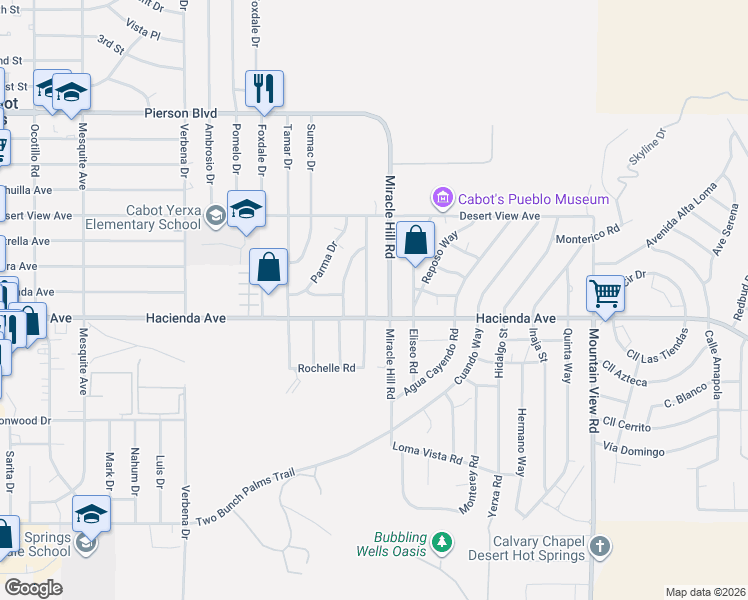 map of restaurants, bars, coffee shops, grocery stores, and more near 12920 Maui Way in Desert Hot Springs