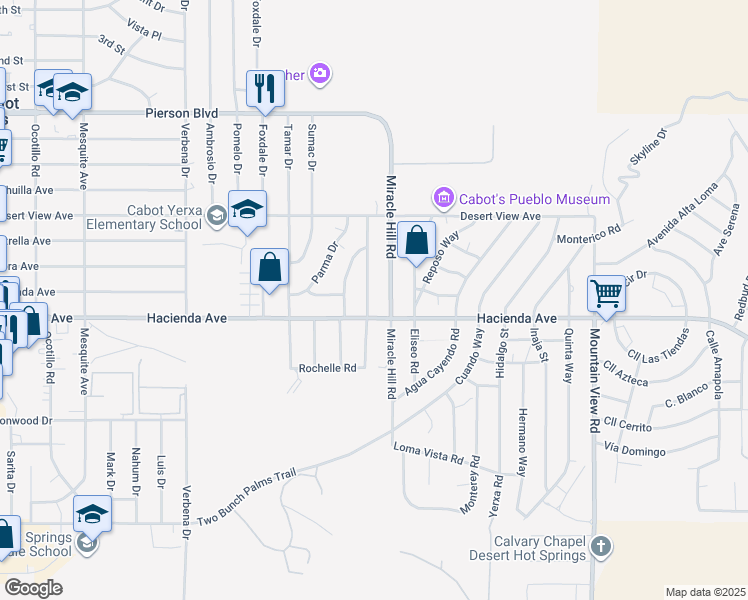 map of restaurants, bars, coffee shops, grocery stores, and more near 12853 Miracle Hill Road in Desert Hot Springs