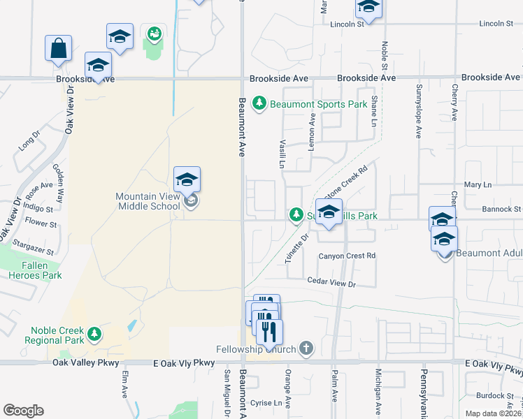 map of restaurants, bars, coffee shops, grocery stores, and more near 423 Cougar Way in Beaumont