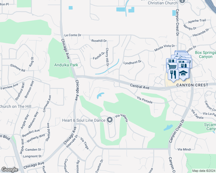 map of restaurants, bars, coffee shops, grocery stores, and more near 5265 Chapala Drive in Riverside