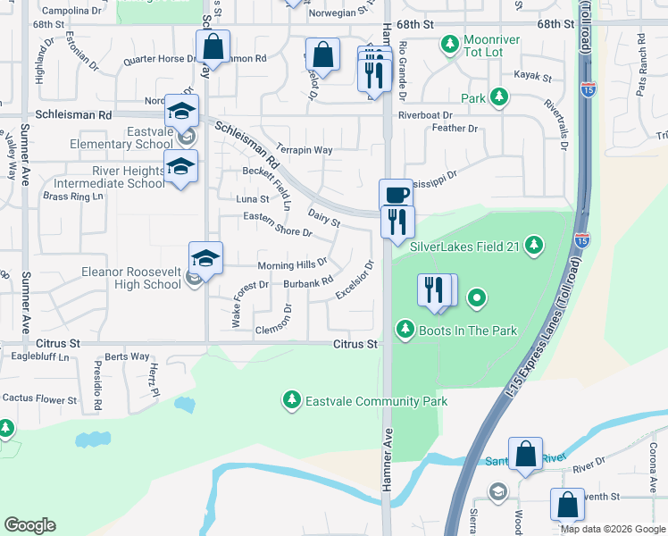 map of restaurants, bars, coffee shops, grocery stores, and more near 7284 Morning Hills Road in Corona