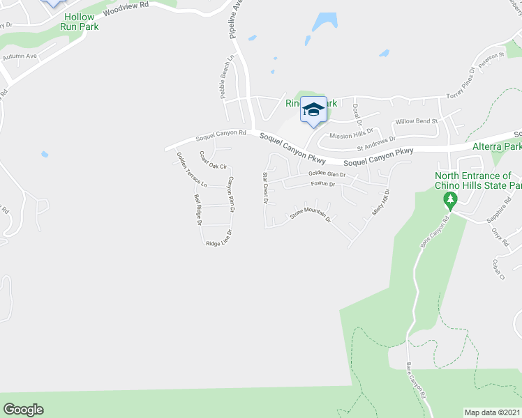 map of restaurants, bars, coffee shops, grocery stores, and more near 16390 Star Crest Drive in Chino Hills