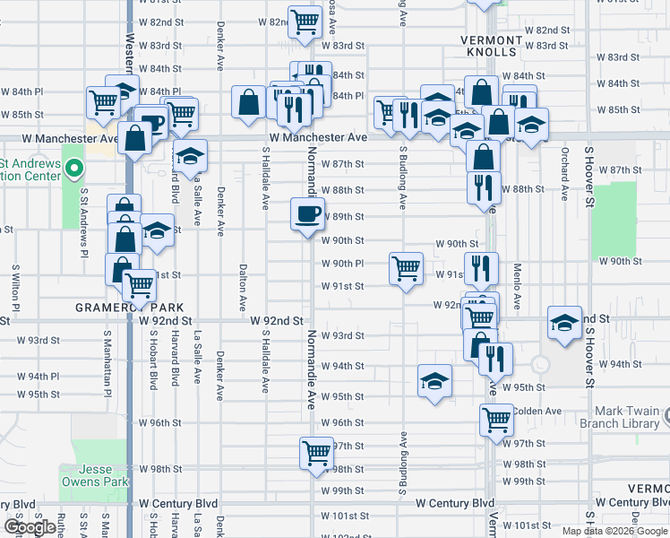 map of restaurants, bars, coffee shops, grocery stores, and more near 1325 West 90th Place in Los Angeles