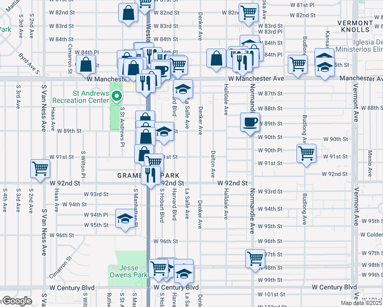 map of restaurants, bars, coffee shops, grocery stores, and more near 8927 South Denker Avenue in Los Angeles
