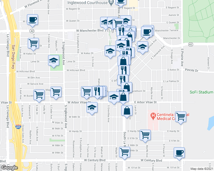 map of restaurants, bars, coffee shops, grocery stores, and more near 109 East Spruce Avenue in Inglewood
