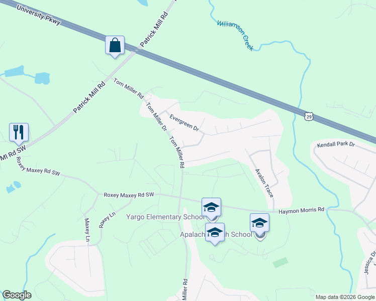 map of restaurants, bars, coffee shops, grocery stores, and more near 456 Evergreen Way in Winder