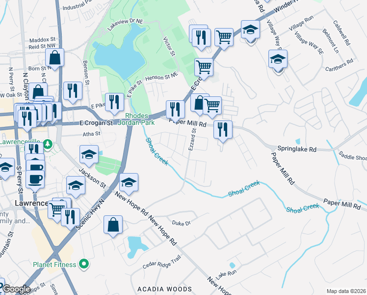 map of restaurants, bars, coffee shops, grocery stores, and more near 268 Pine Valley Circle in Lawrenceville