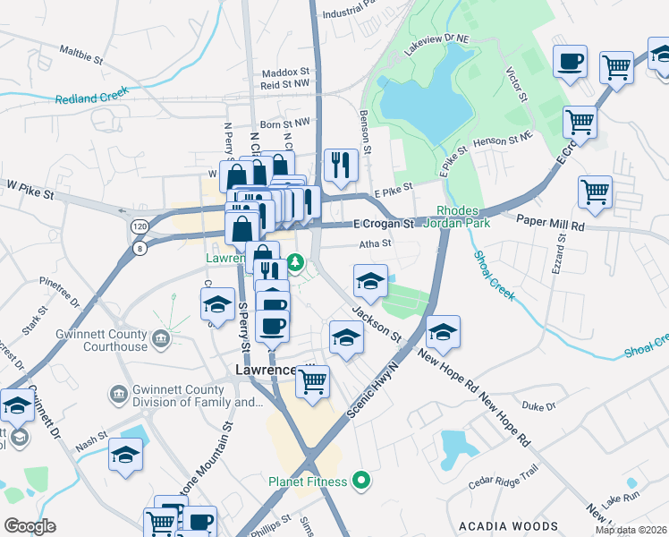 map of restaurants, bars, coffee shops, grocery stores, and more near 115 Atha Street in Lawrenceville