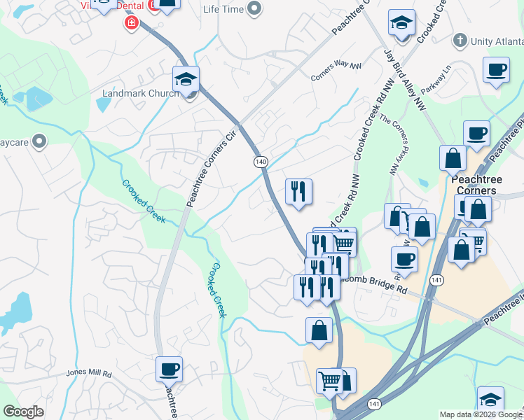 map of restaurants, bars, coffee shops, grocery stores, and more near 6354 Views Trace Drive in Norcross