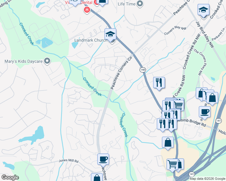 map of restaurants, bars, coffee shops, grocery stores, and more near 6393 Hawthorne Terrace in Norcross