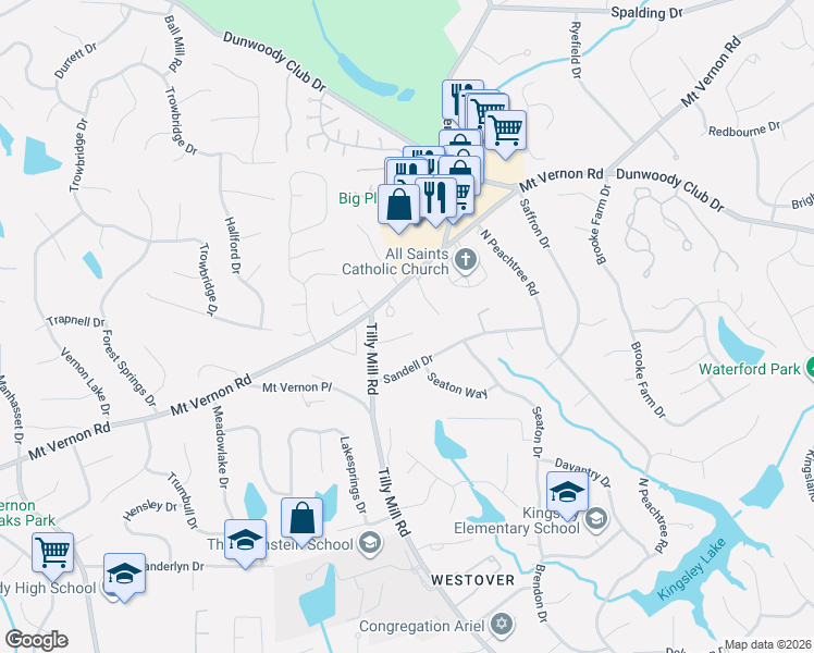 map of restaurants, bars, coffee shops, grocery stores, and more near 5213 Bradford Circle in Dunwoody