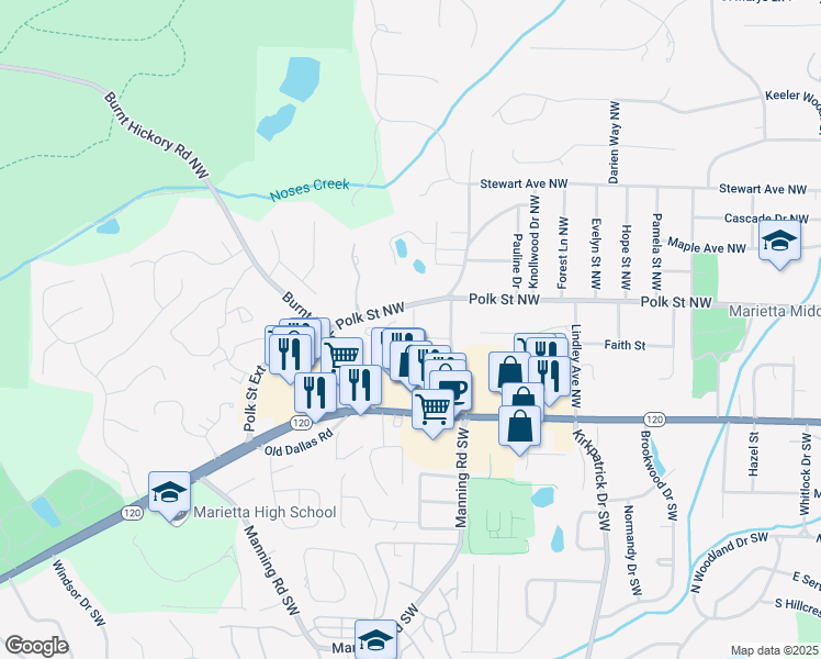 map of restaurants, bars, coffee shops, grocery stores, and more near Wakehurst Way in Marietta